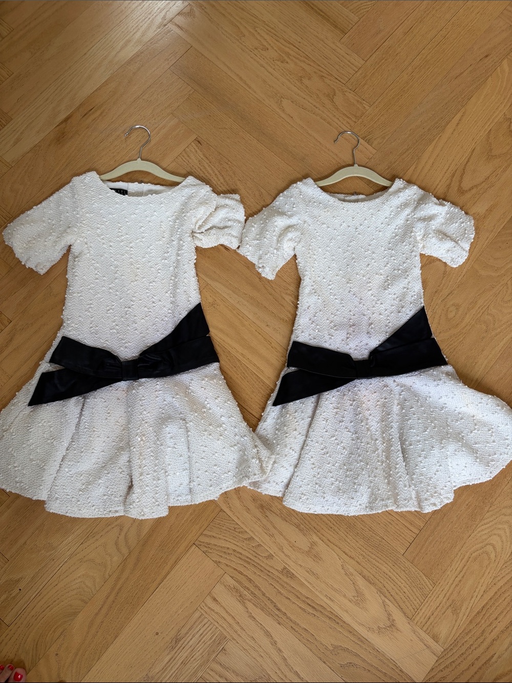 Biscotti White Textured Dresses with Black Bow- (twins)